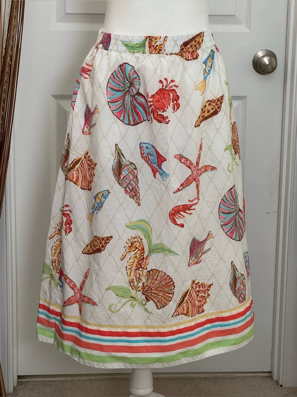 Talbots Cotton  A-Line Midi Skirt with Colorful Sea Life Motif - Size XS